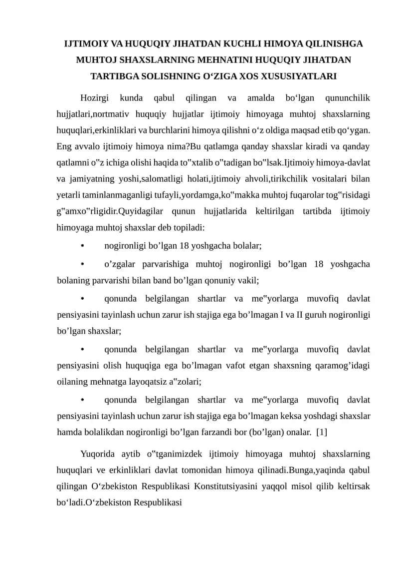 Ijtimoiy va Huquqiy Himoya Qilinishga Muhtoj Shaxslarning Mehnatini Huquqiy Jihatdan Tartibga Solishning O‘ziga Xos Xususiyatları 1