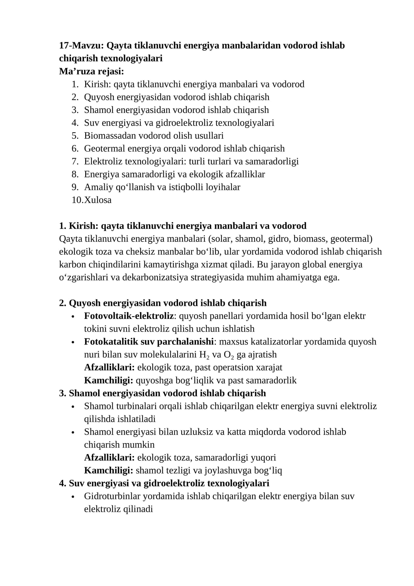 Qayta tiklanuvchi energiya manbalaridan vodorod ishlab chiqarish texnologiyalari 1