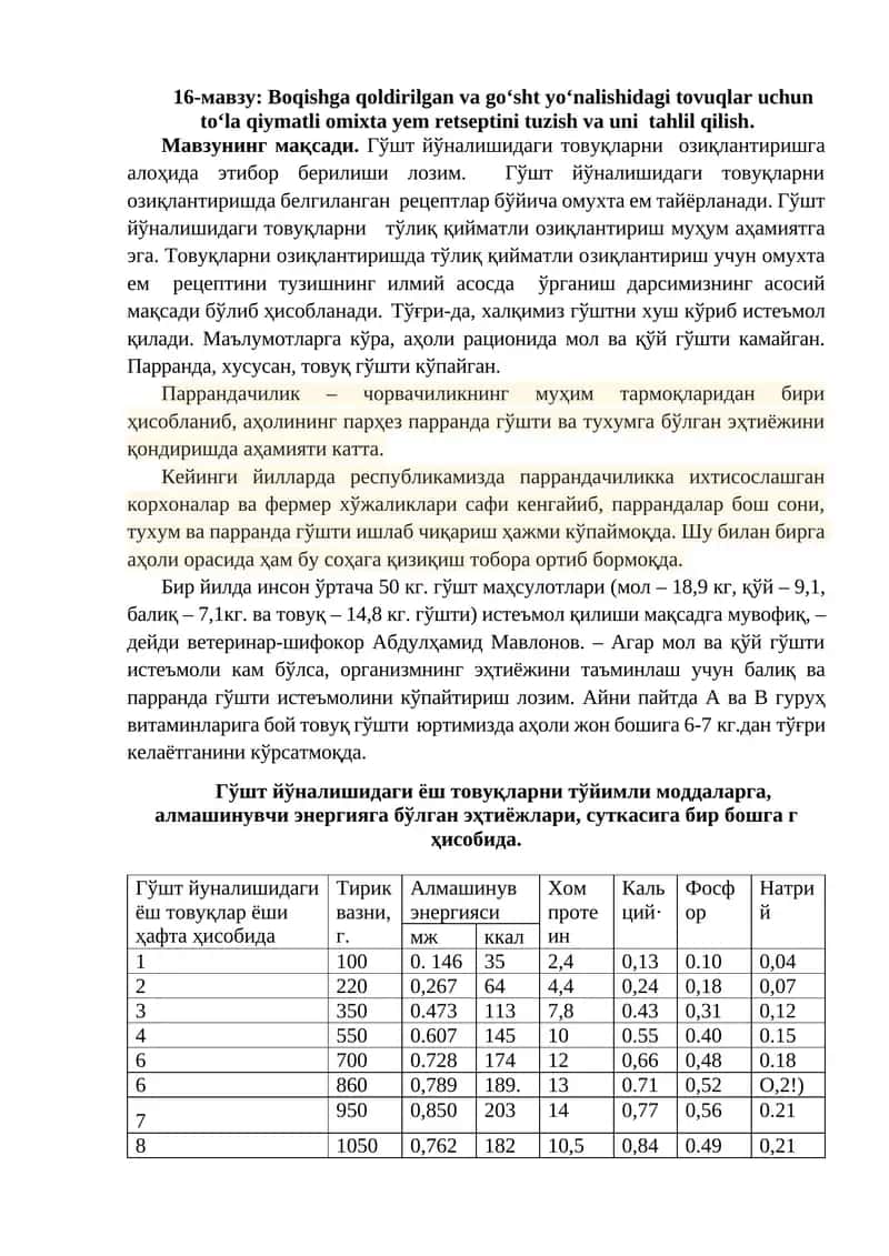 Boqish va go‘sht yo‘nalishidagi tovuqlar uchun omixta yem retsepti 1