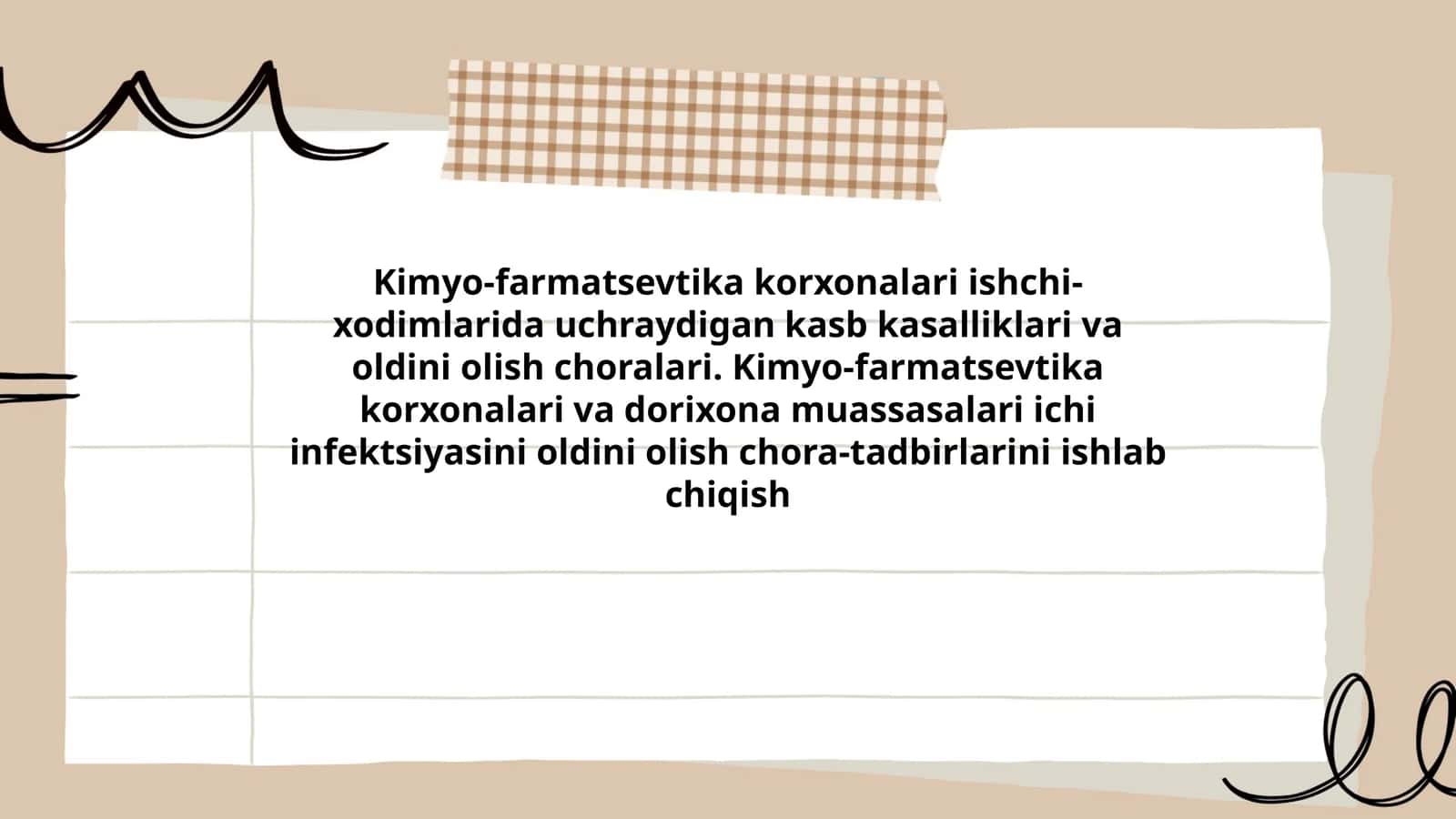 Kimyo-farmatsevtika korxonalari ishchi-xodimlarida uchraydigan kasb kasalliklari va oldini olish choralari. Kimyo-farmatsevtika korxonalari va dorixona muassasalari ichi infektsiyasini oldini olish chora-tadbirlarini ishlab chiqish 1