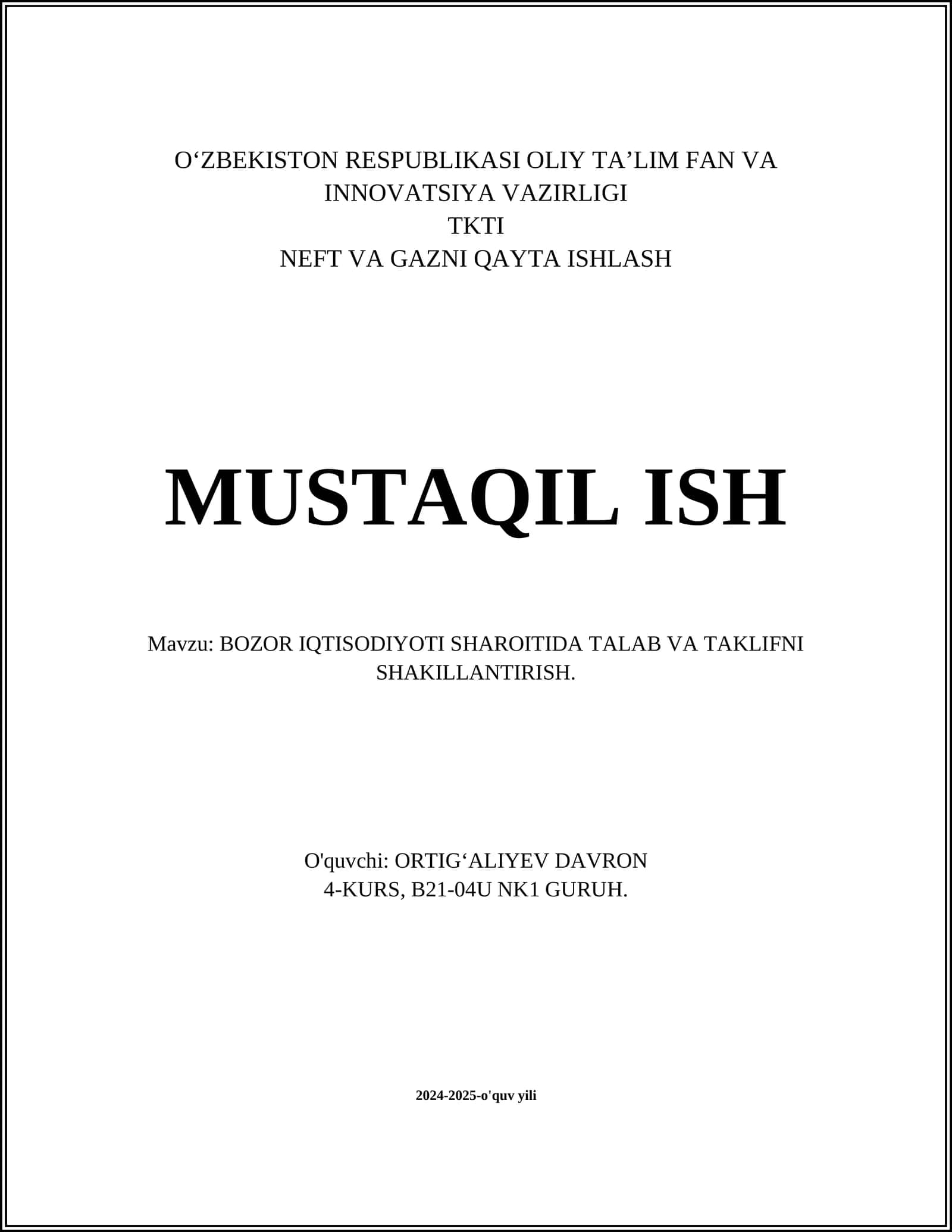 BOZOR IQTISODIYOTI SHAROITIDA TALAB VA TAKLIFNI SHAKILLANTIRISH 1