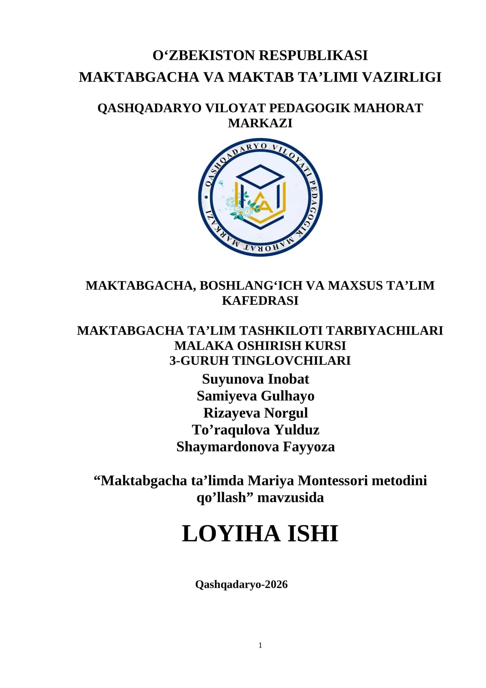 Maktabgacha ta’limda Mariya Montessori metodini qo’llash 1