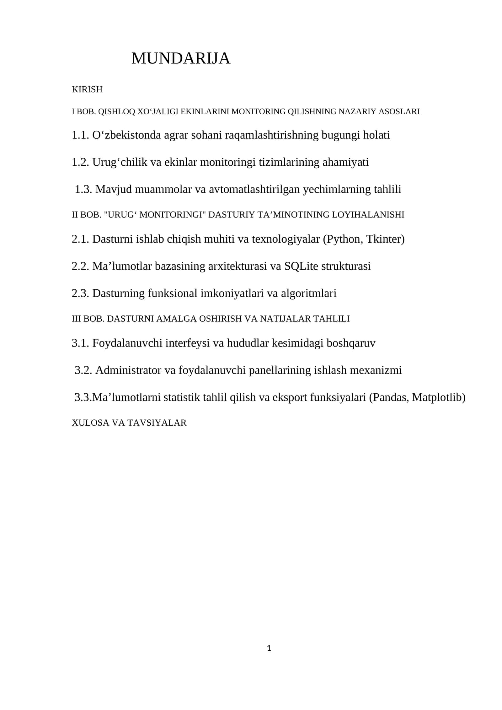 "URUG‘ MONITORINGI" DASTURIY TA’MINOTINING LOYIHALANISHI 1