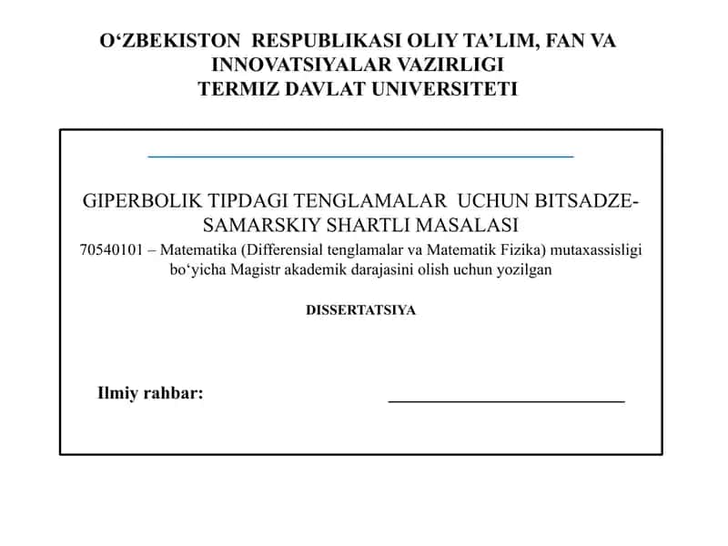 GIPERBOLIK TIPDAGI TENGLAMALAR  UCHUN BITSADZE-SAMARSKIY SHARTLI MASALASI 1