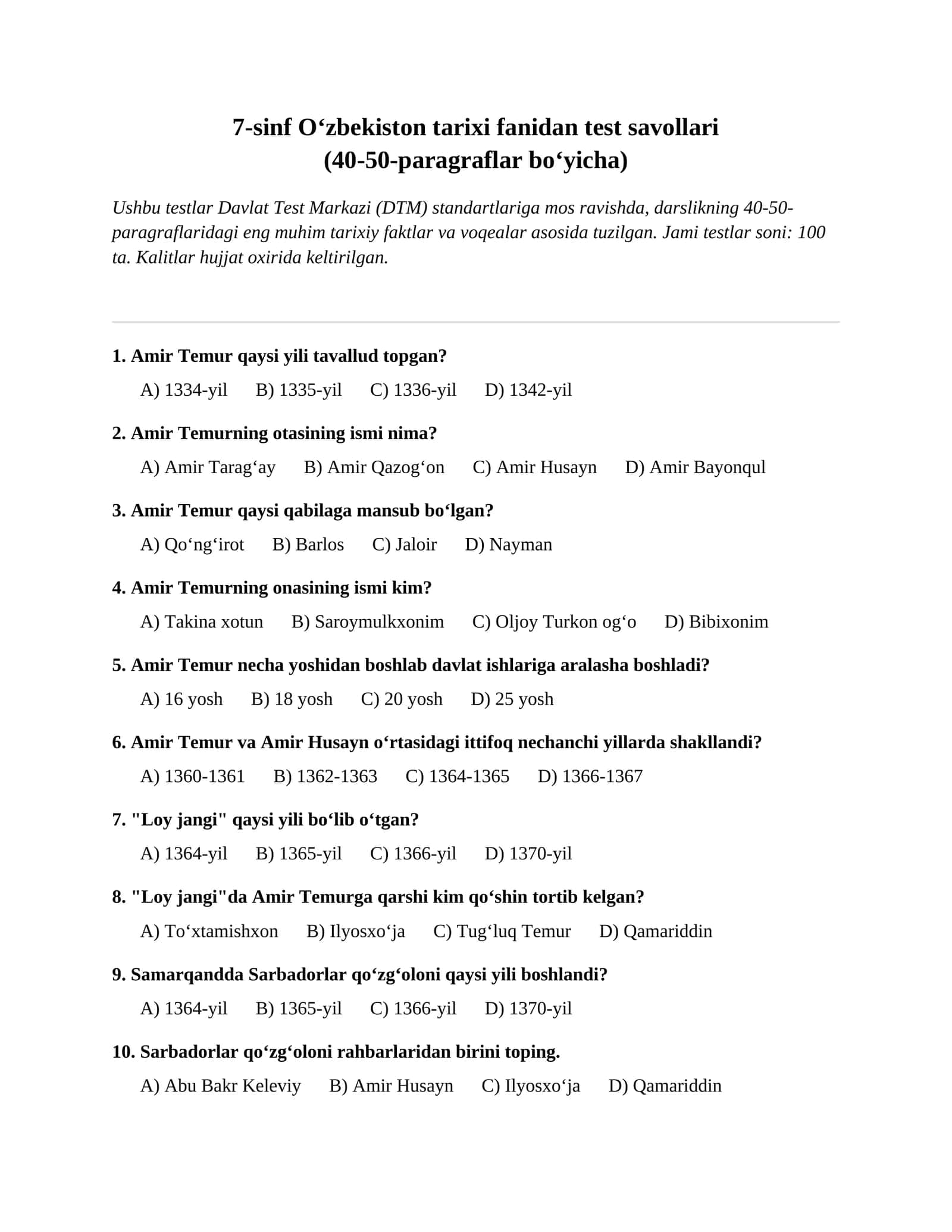 7-sinf O‘zbekiston tarixi fanidan test savollari 1