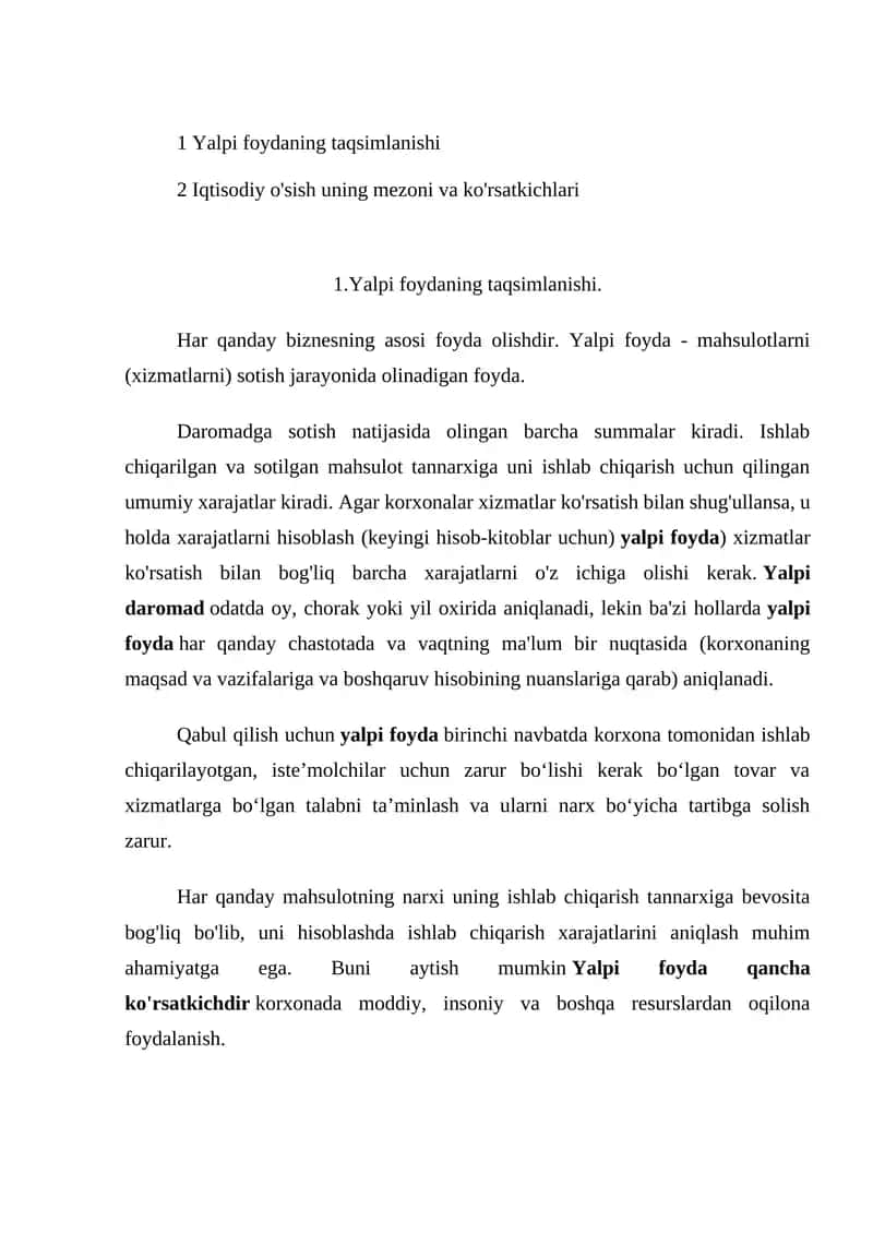 Yalpi foydaning taqsimlanishi 1