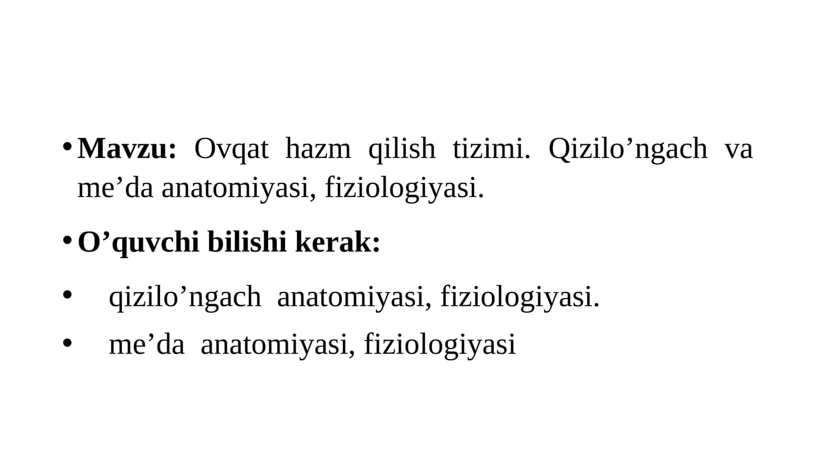 Ovqat hazm qilish tizimi.Qizilo'ngach va me'da anatomiyasi 1