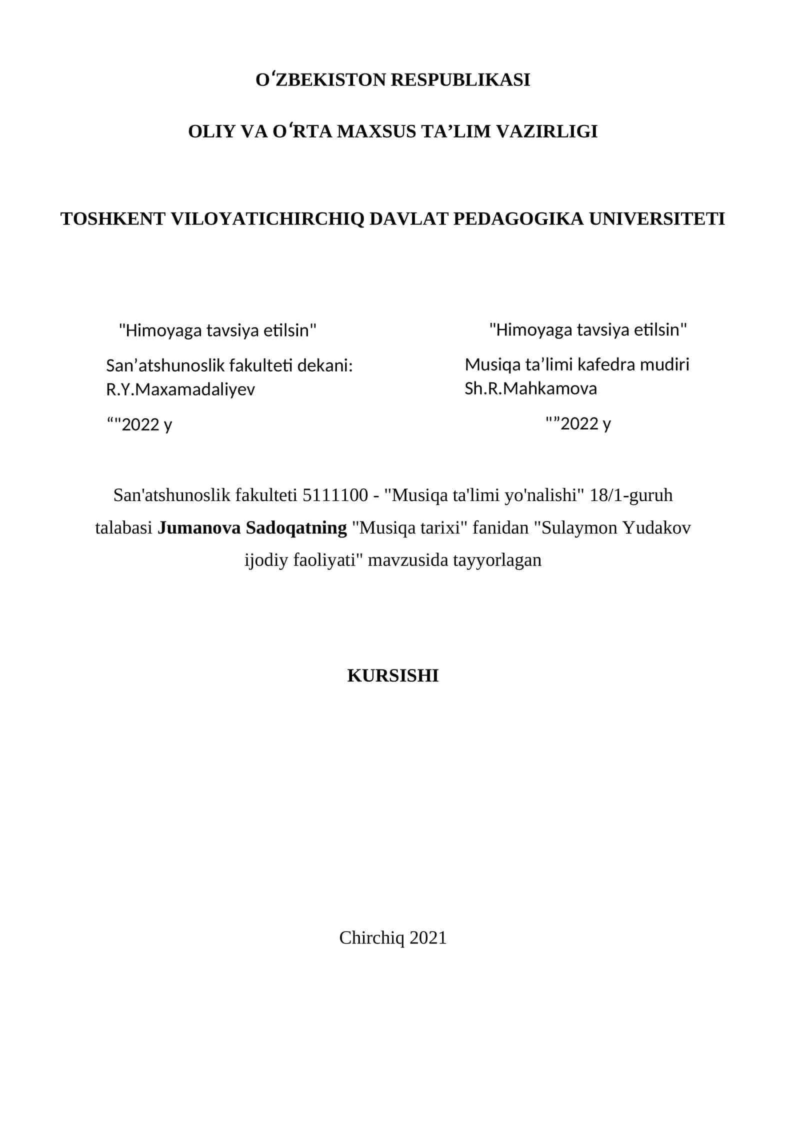 "Sulaymon Yudakov ijodiy faoliyati" mavzusida tayyorlagan 1