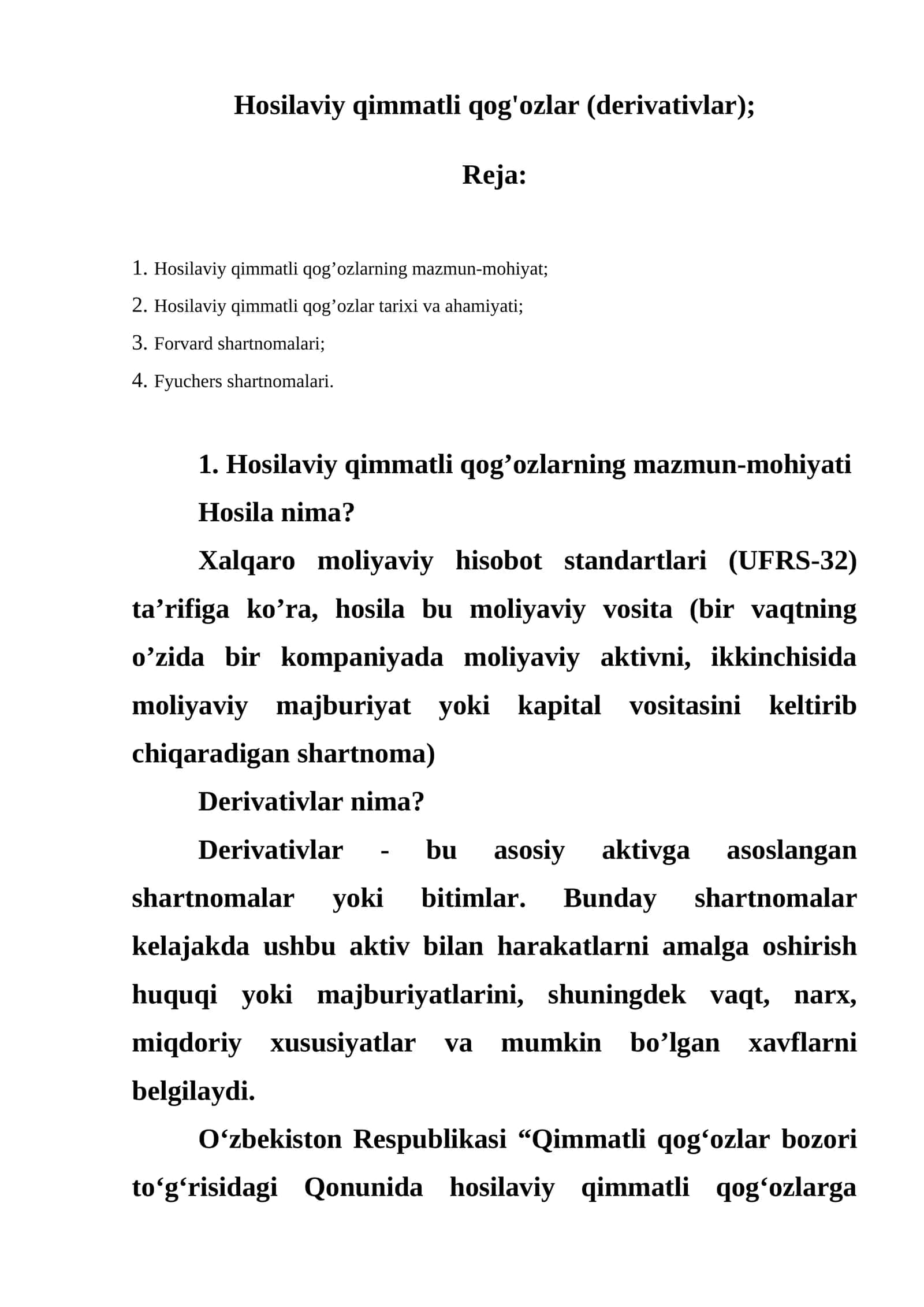 Hosilaviy qimmatli qog'ozlar (derivativlar) 1