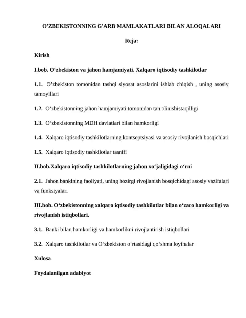 O'ZBEKISTONNING G'ARB MAMLAKATLARI BILAN ALOQALARI 1