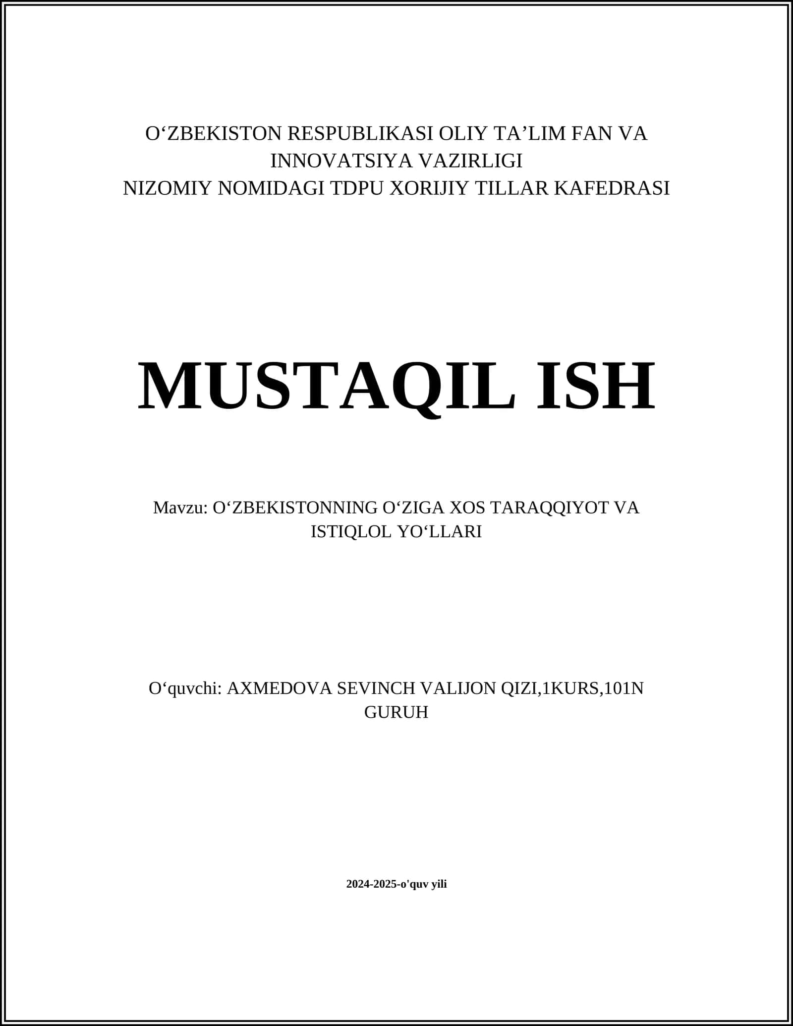 O‘zbekistonning O‘ziga Xos Taraqqiyot va Istiqlol Yo‘llari 1