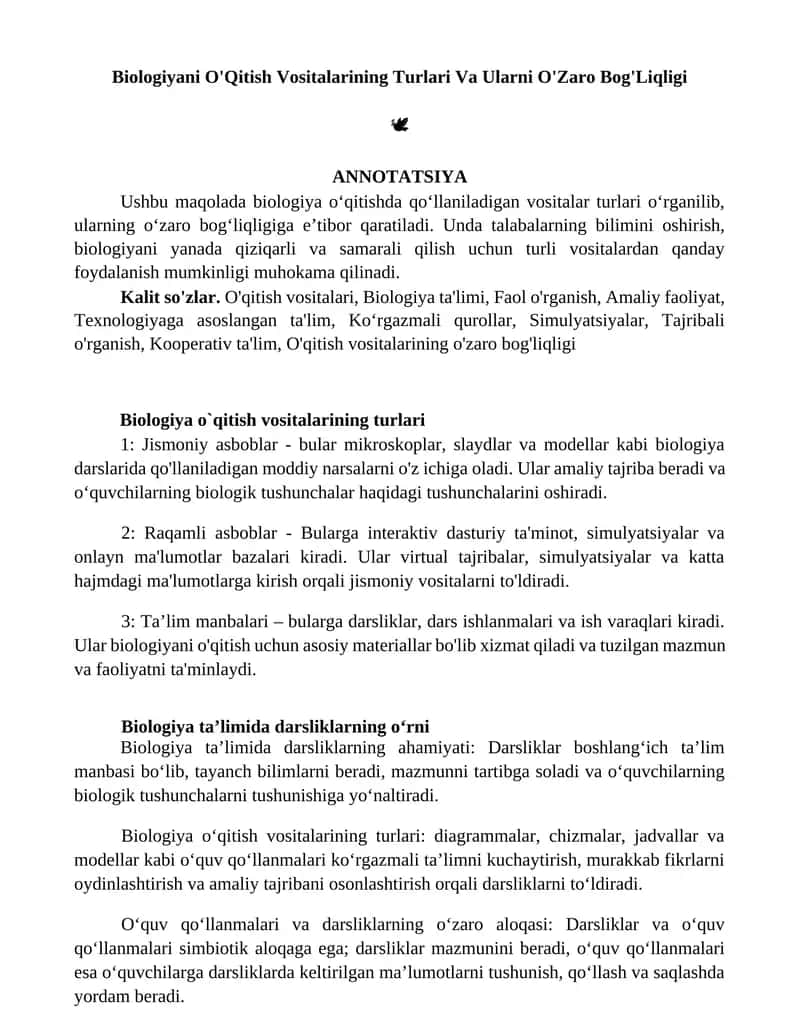 Biologiyani O'Qitish Vositalarining Turlari Va Ularni O'Zaro Bog'Liqligi 1