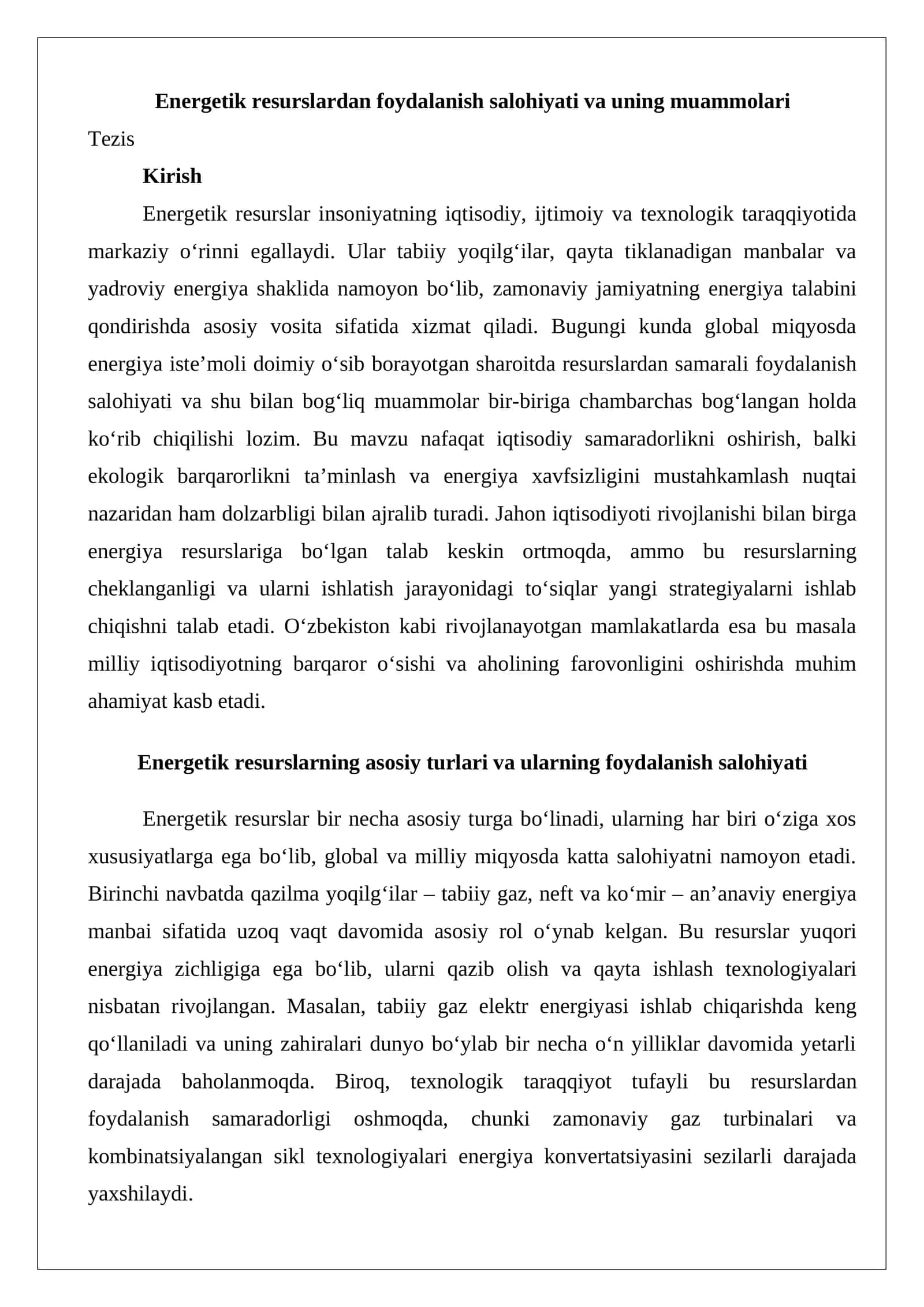 Energetik resurslardan foydalanish salohiyati va uning muammolari 1