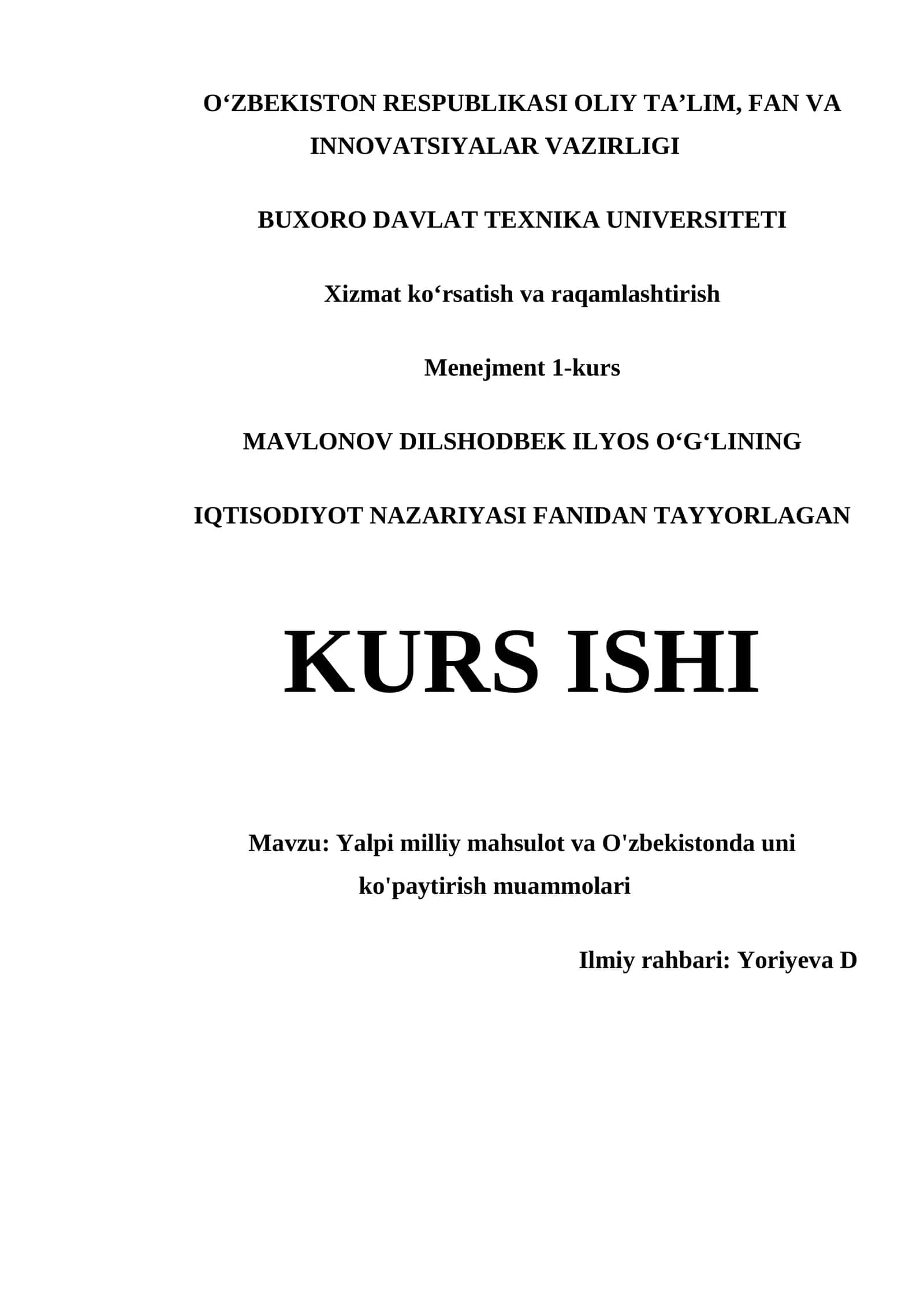 Yalpi milliy mahsulot va O'zbekistonda uni ko'paytirish muammolari 1