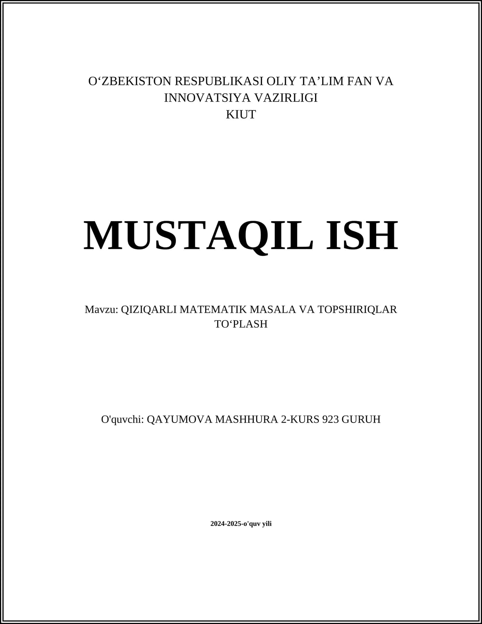 QIZIQARLI MATEMATIK MASALA VA TOPSHIRIQLAR TOʻPLASH 1