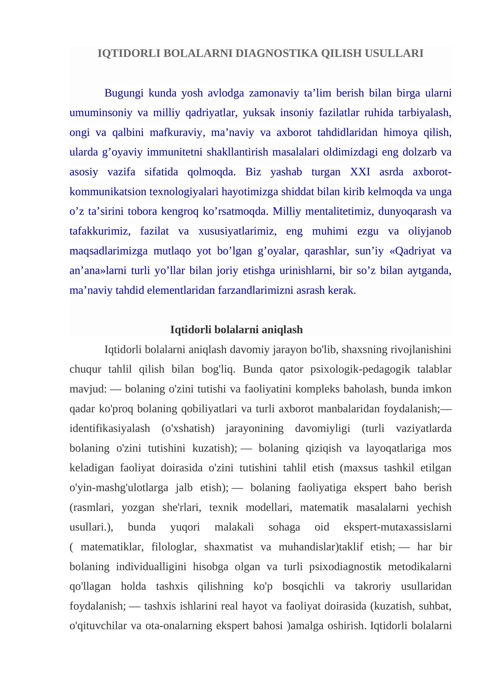 Iqtidorli bolalarni diagnostika qilish usullari 1