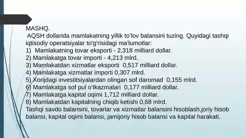 AQSH dollaridagi mamlakatning yillik to'lov balansi