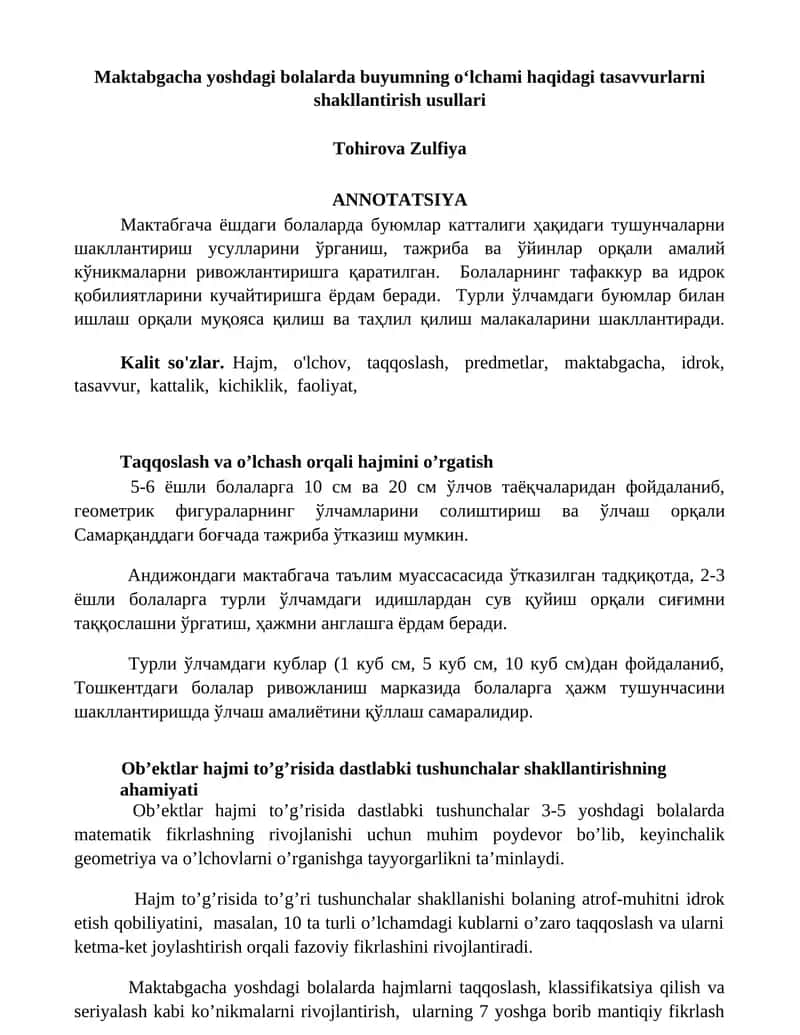 Maktabgacha yoshdagi bolalarda buyumning o‘lchami haqidagi tasavvurlarni shakllantirish usullari 1