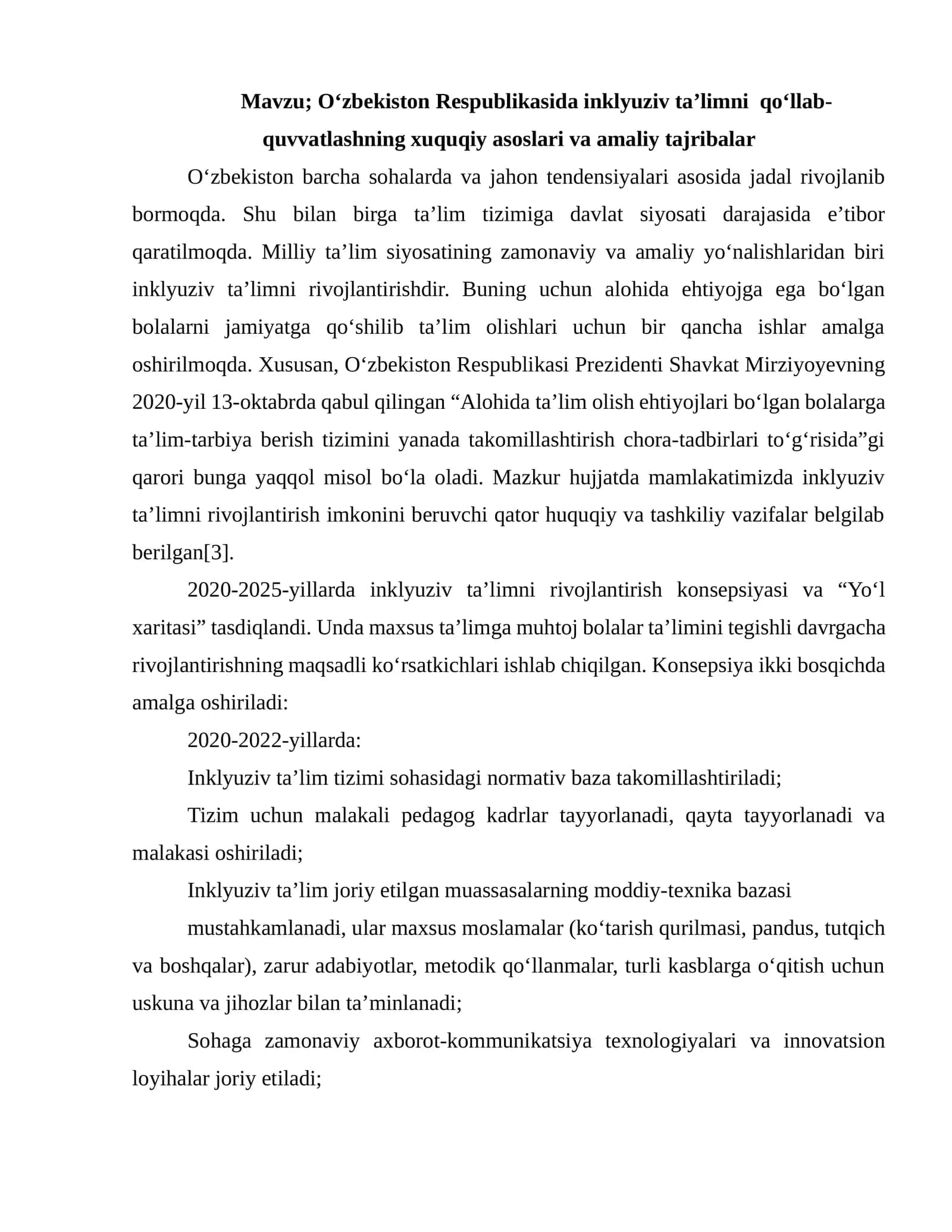 O‘zbekiston Respublikasida inklyuziv ta’limni qo‘llab-quvvatlashning xuquqiy asoslari va amaliy tajribalar 1