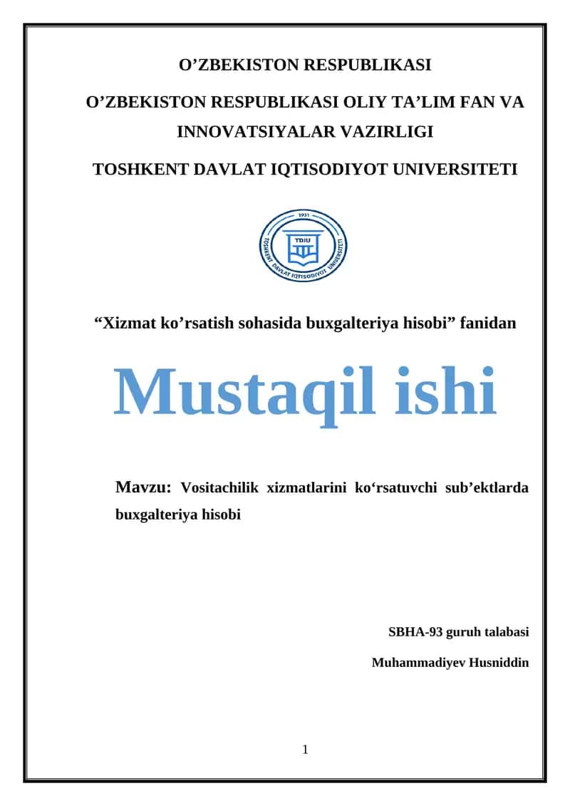 Vositachilik xizmatlarini ko‘rsatuvchi sub’ektlarda buxgalteriya hisobi 1