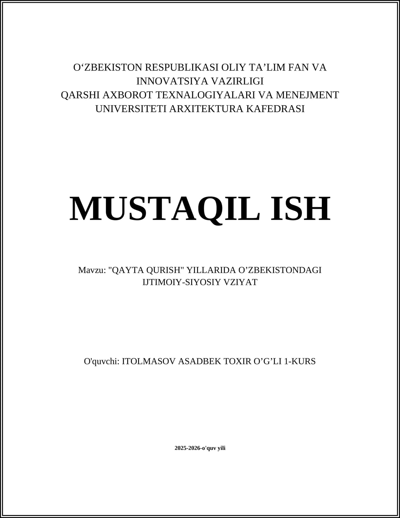 "QAYTA QURISH" YILLARIDA OʼZBEKISTONDAGI IJTIMOIY-SIYOSIY VZIYAT 1