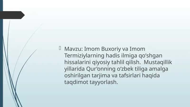 Imom Buxoriy va Imom Termiziylarning hadis ilmiga qoʻshgan hissalarini qiyosiy tahlil qilish 1