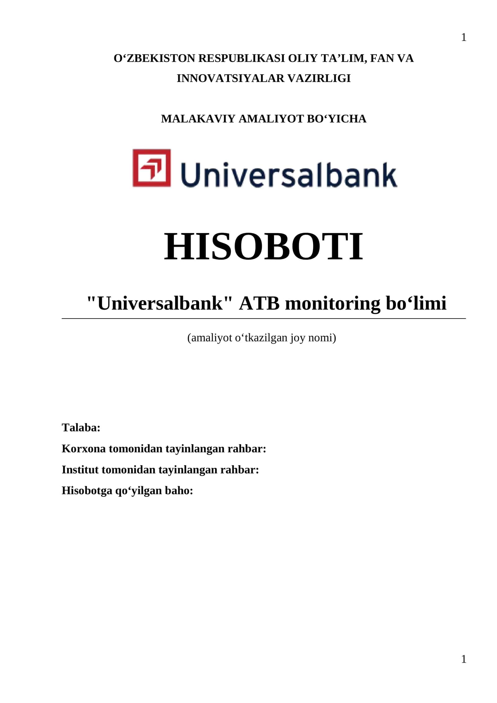 Amaliyot hisoboti "Universalbank" ATB monitoring boʻlimi 1