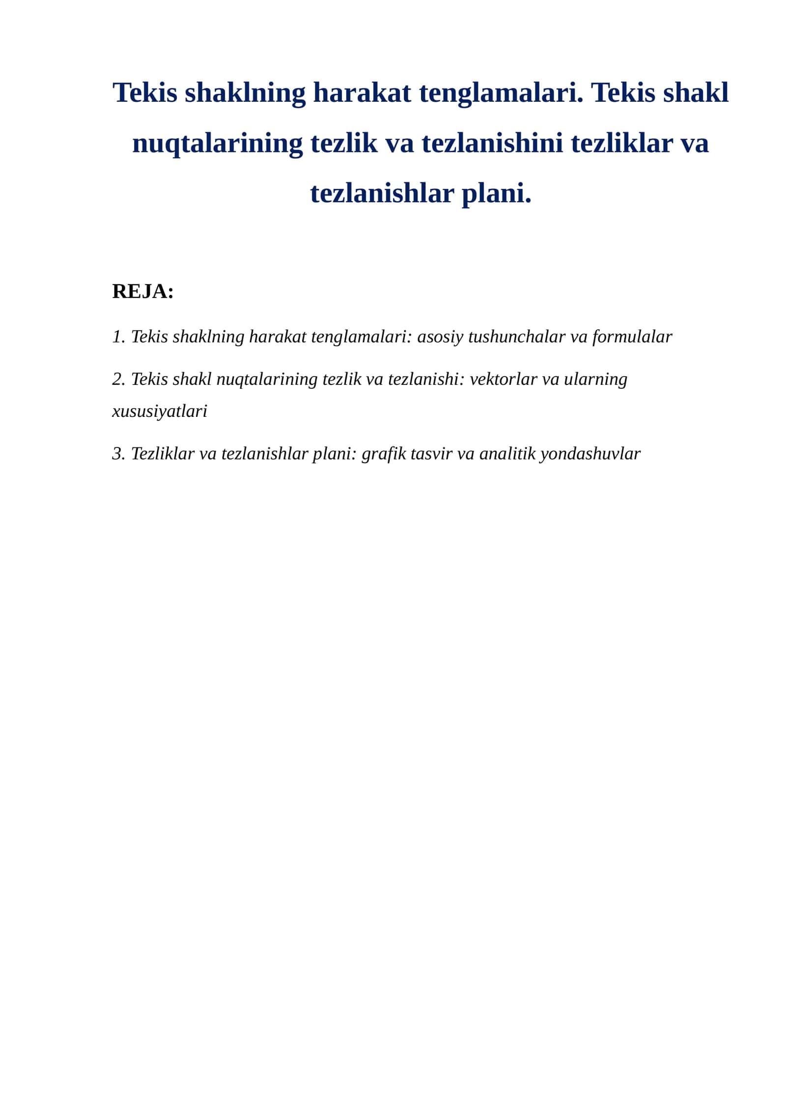Tekis shaklning harakat tenglamalari. Tekis shakl nuqtalarining tezlik va tezlanishini tezliklar va tezlanishlar plani. 1