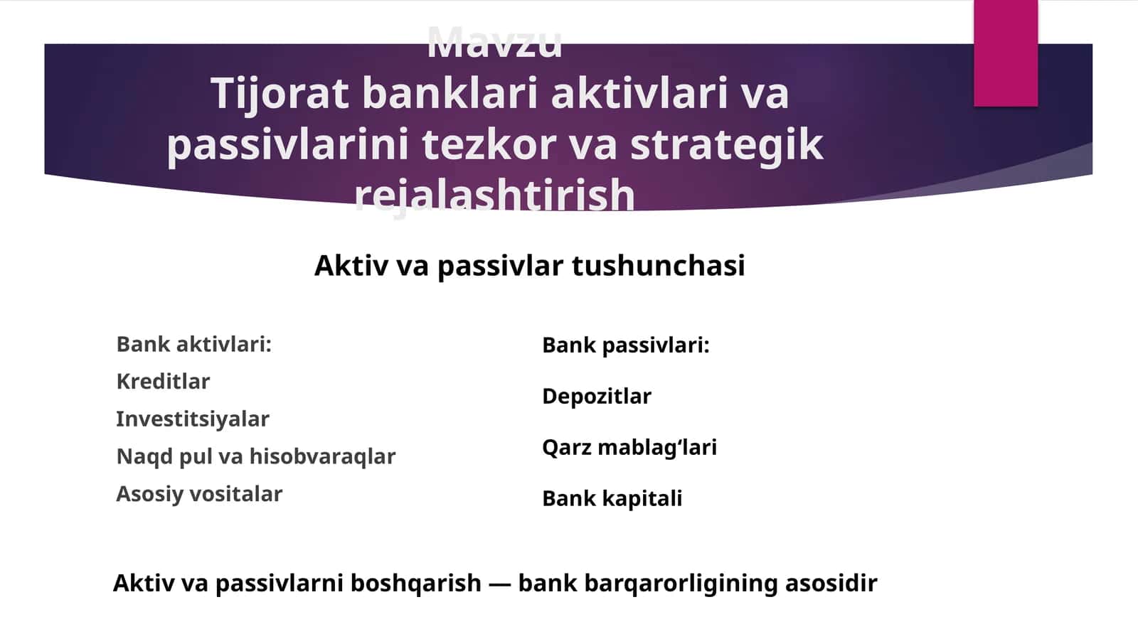 Tijorat banklari aktivlari va passivlarini tezkor va strategik rejalashtirish 1