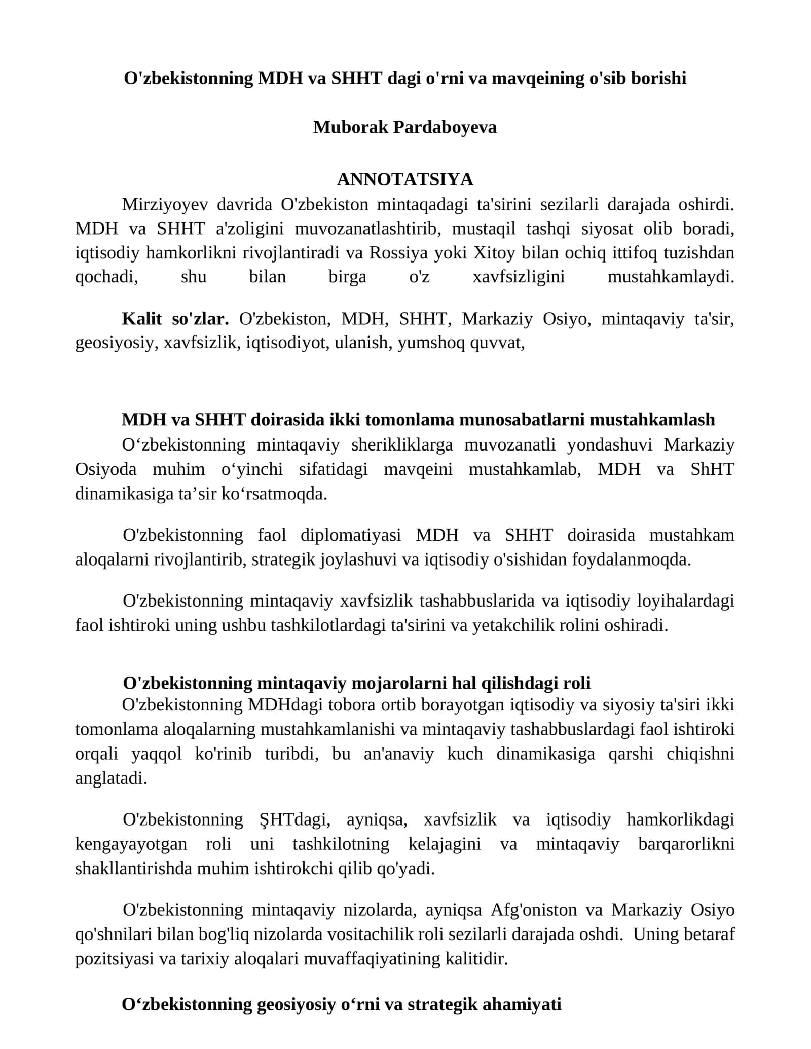 MDH va SHHT dagi o'rni va mavqeining o'sib borishi 1