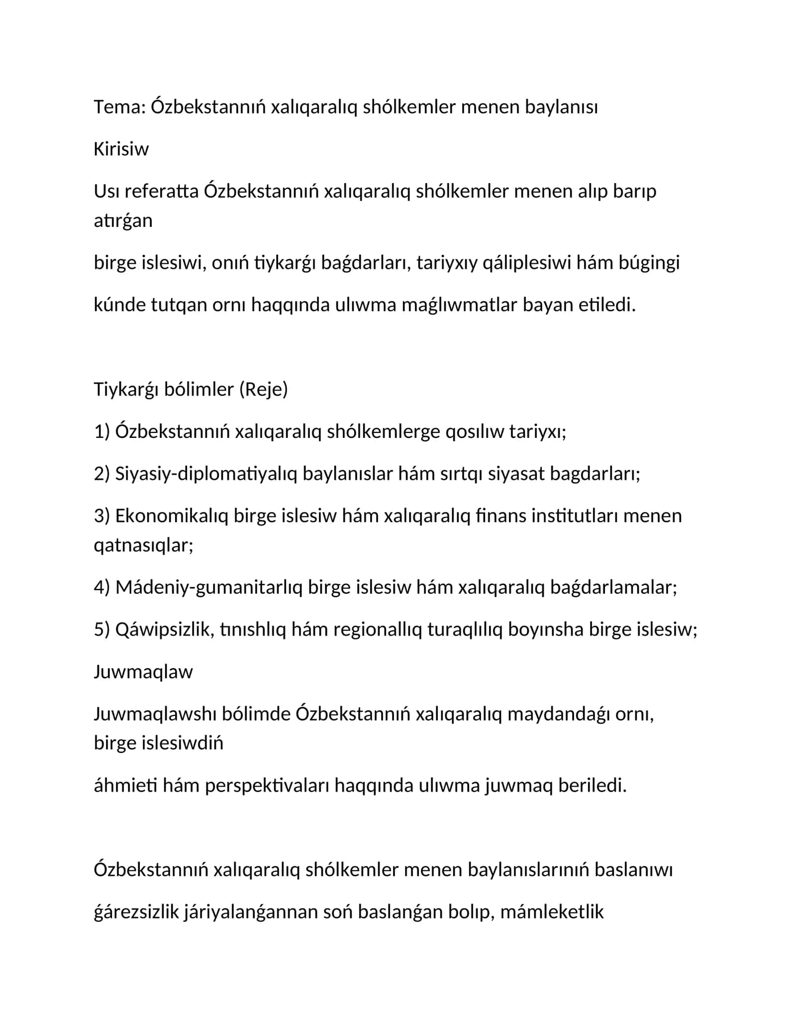Ozbekstan xalq araliq sholkemler menen baylanisi referat 1