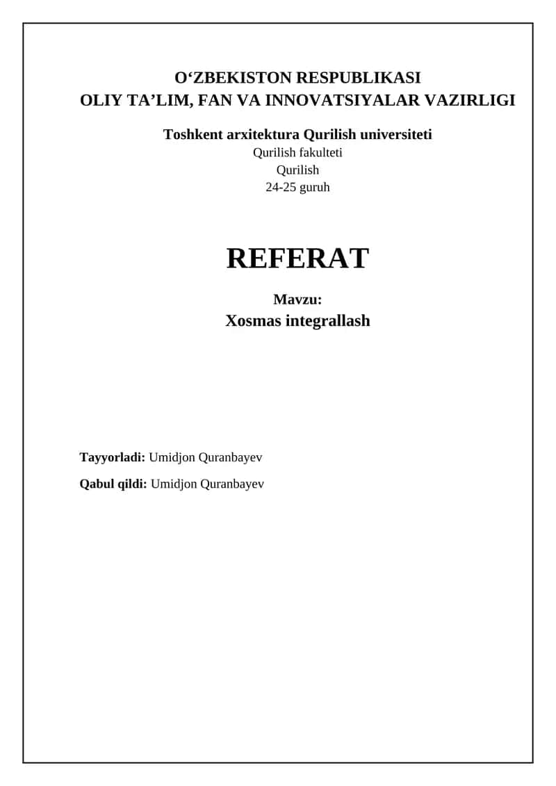 Xosmas integrallar: Asosiy tushunchalar va ta'riflar 1