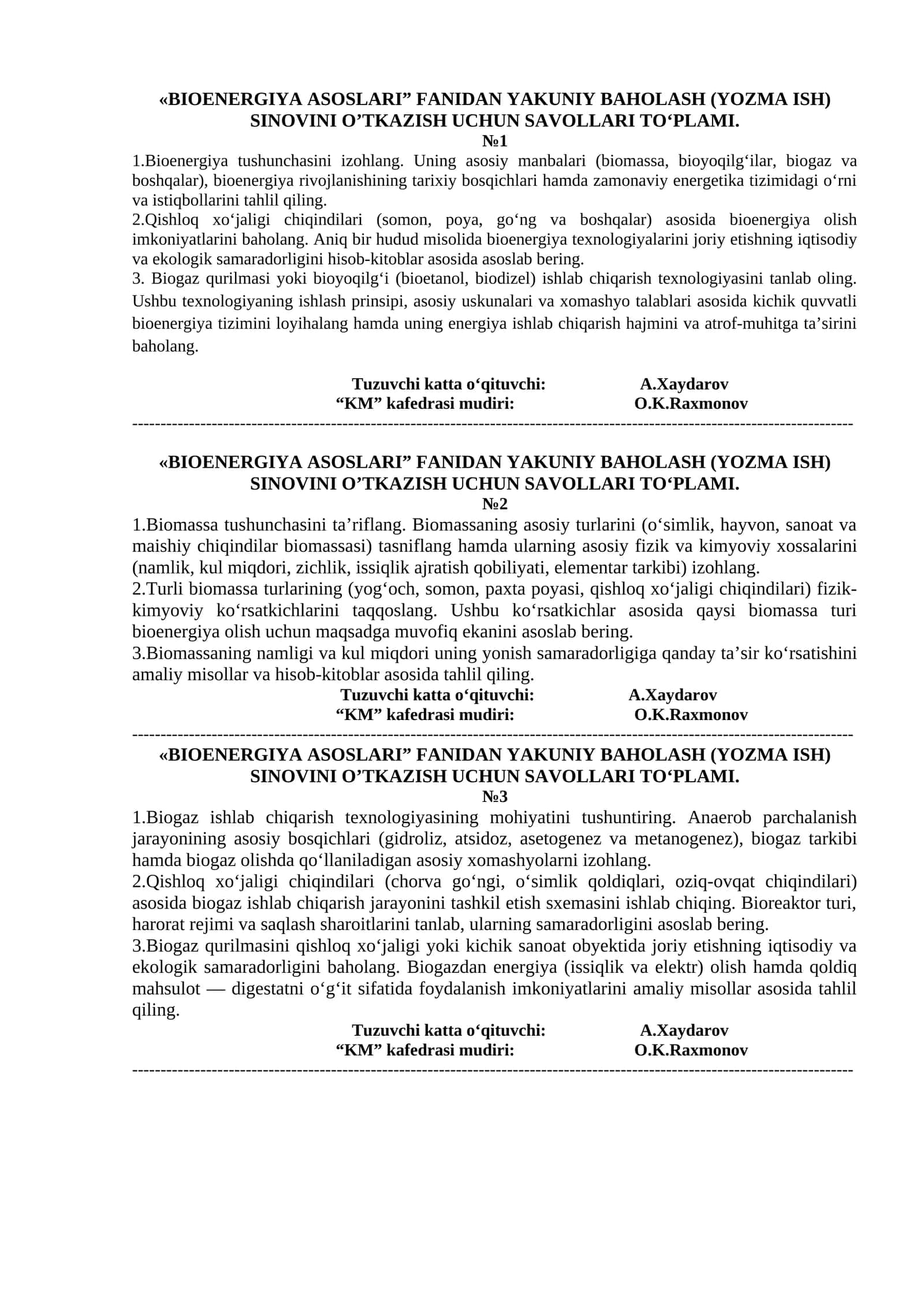 "BIOENERGIYA ASOSLARI" FANIDAN YAKUNIY BAHOLASH (YOZMA ISH) SINOVINI O’TKAZISH UCHUN SAVOLLARI TO‘PLAMI 1