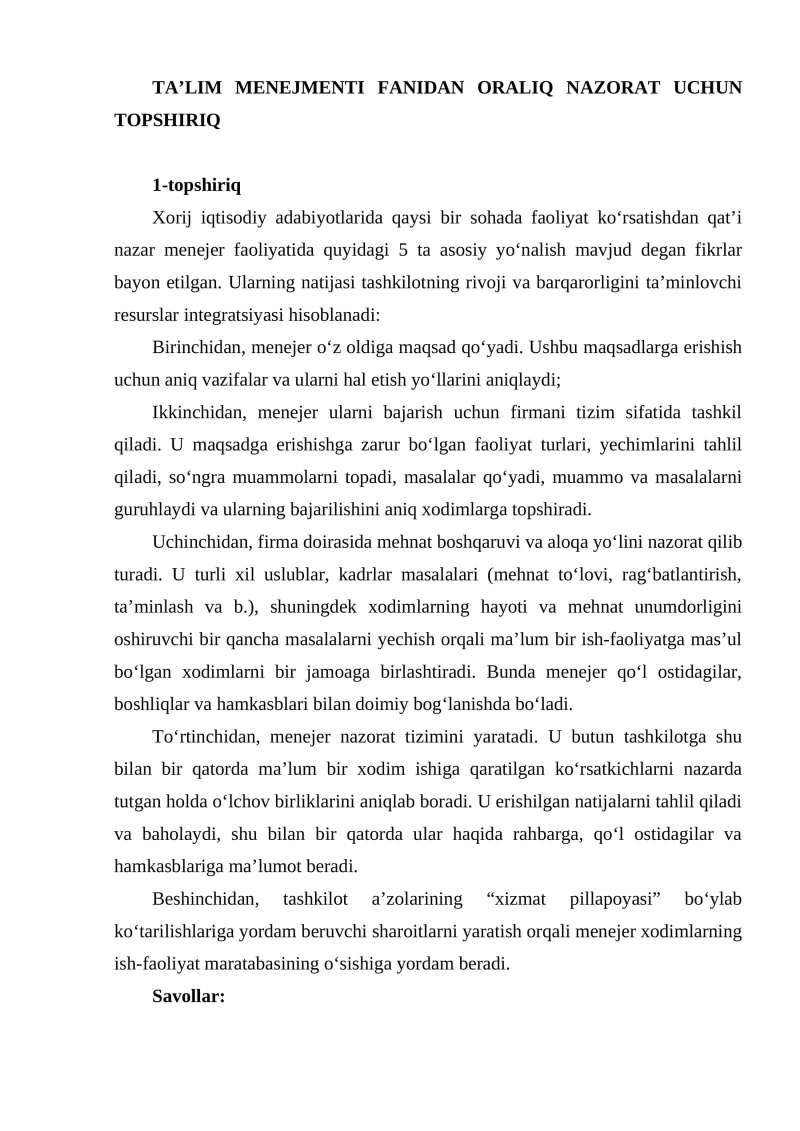 TA’LIM MENEJMENTI FANIDAN ORALIQ NAZORAT UCHUN TOPSHIRIQ 1