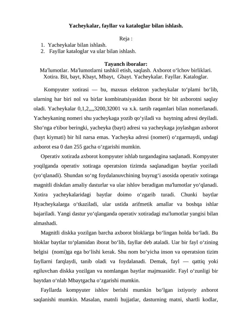 Yacheykalar, fayllar va kataloglar bilan ishlash 1