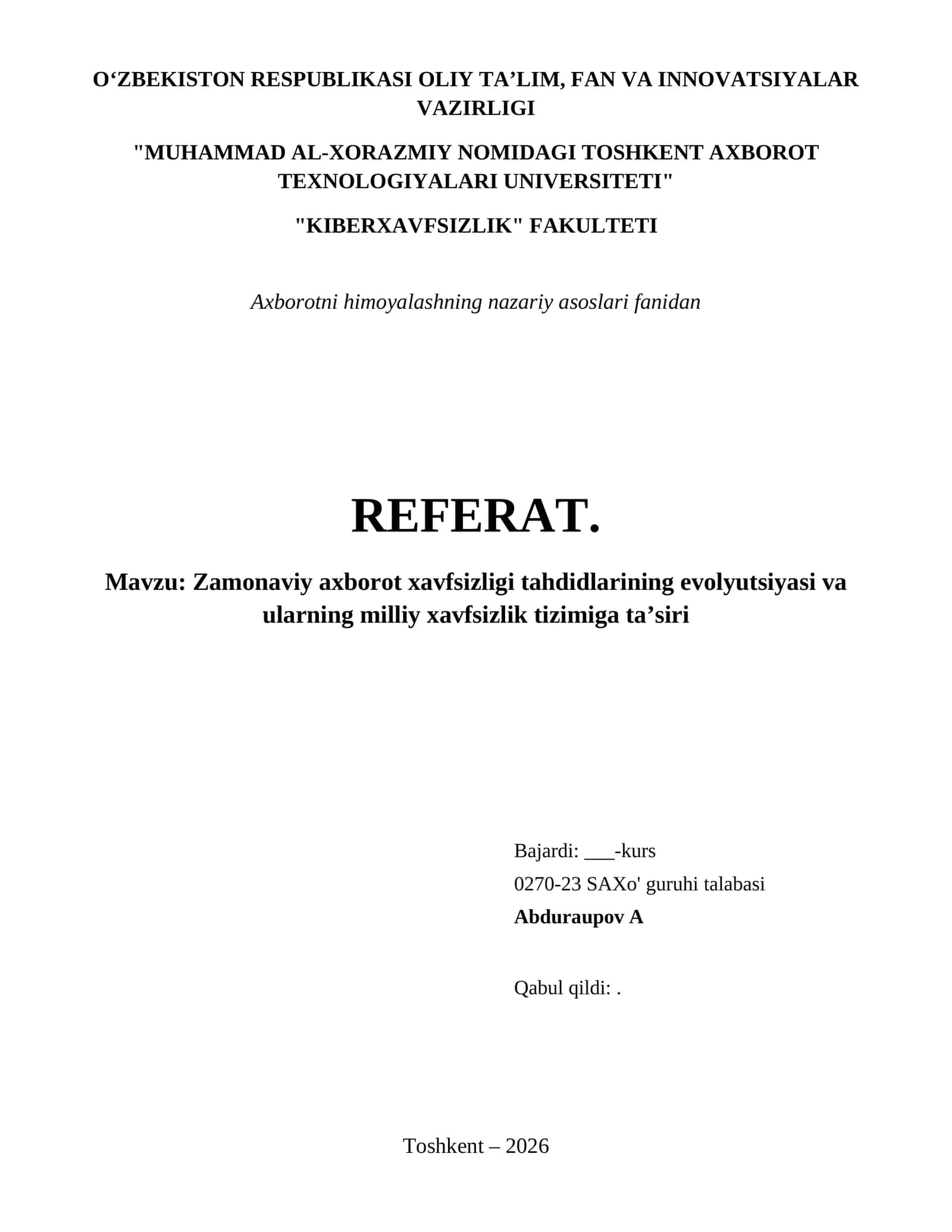 Zamonaviy axborot xavfsizligi tahdidlarining evolyutsiyasi va ularning milliy xavfsizlik tizimiga ta’siri 1