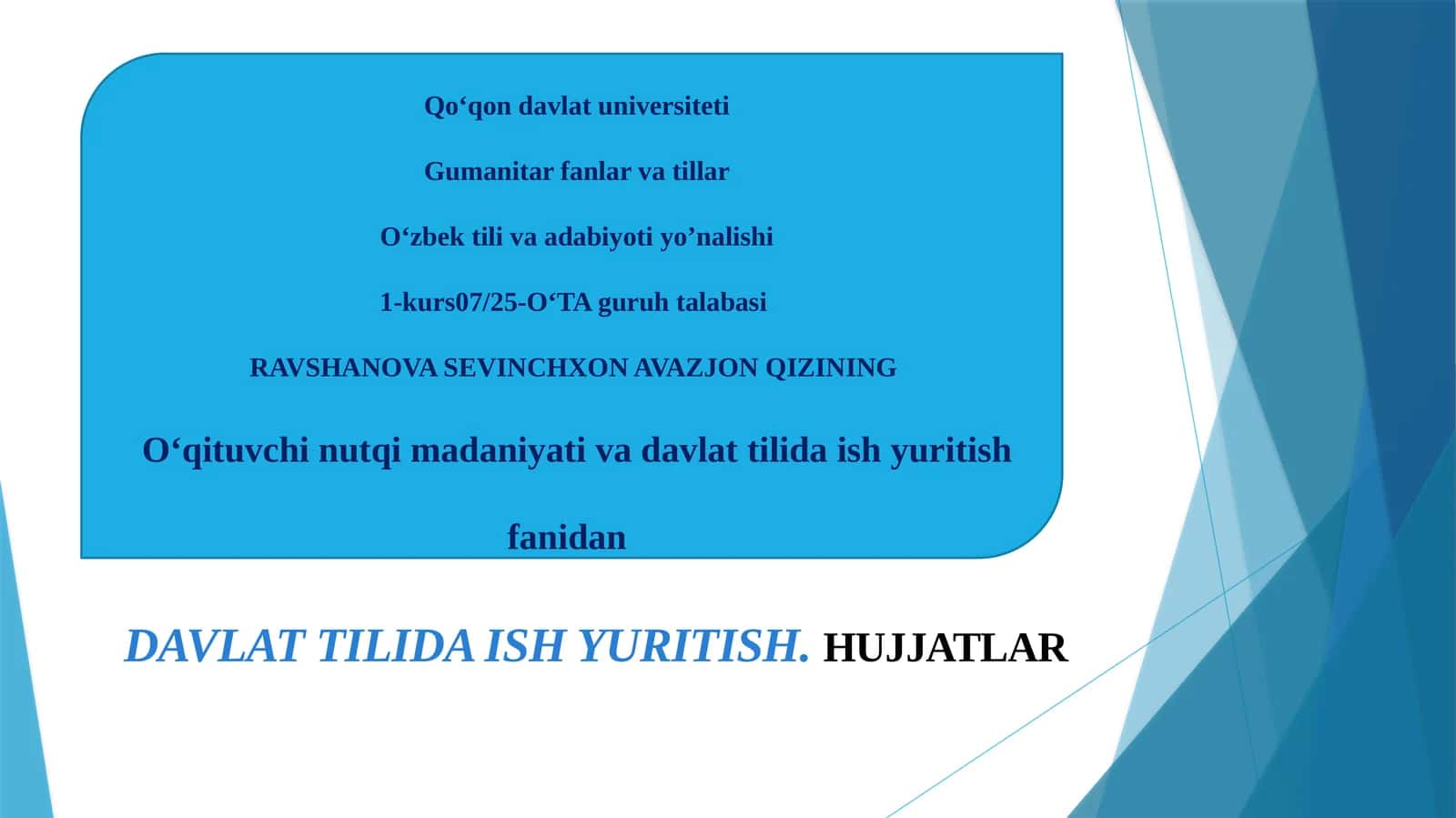 O‘qituvchi nutqi madaniyati va davlat tilida ish yuritish 1