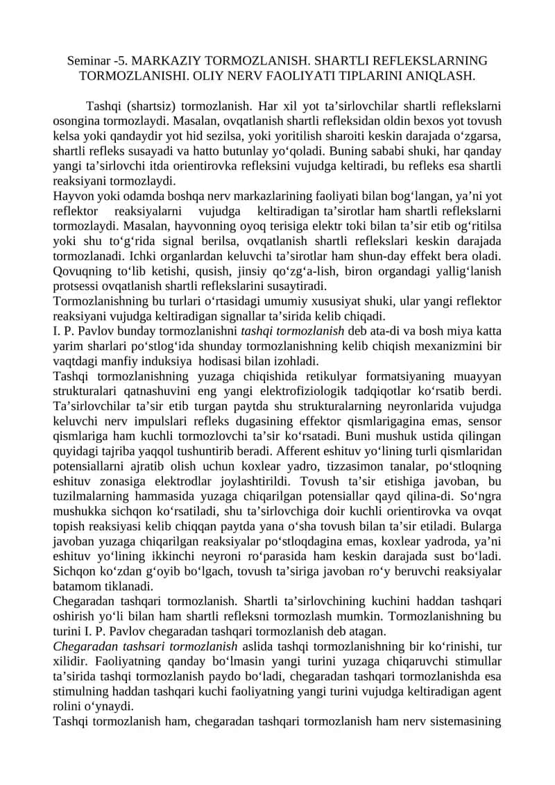 MARKAZIY TORMOZLANISH. SHARTLI REFLEKSLARNING TORMOZLANISHI 1
