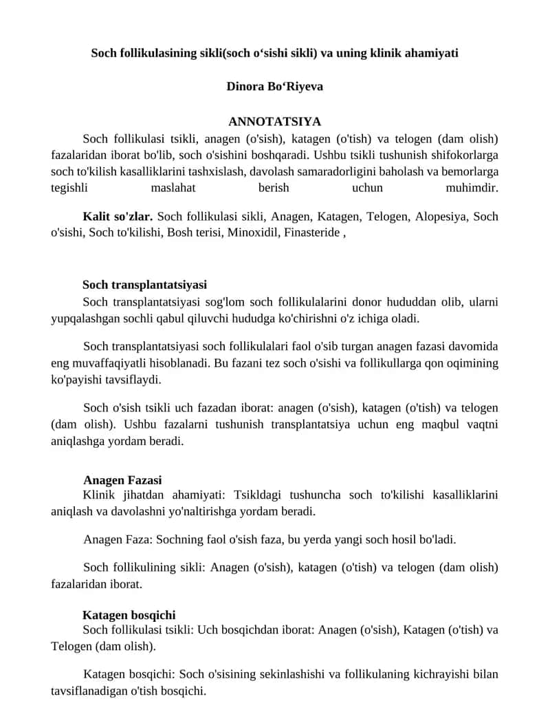 Soch follikulasining sikli(soch oʻsishi sikli) va uning klinik ahamiyati 1
