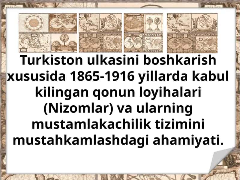 Turkiston ulkasini boshqarish xususida 1865-1916 yillardagi qonun loyihalari 1