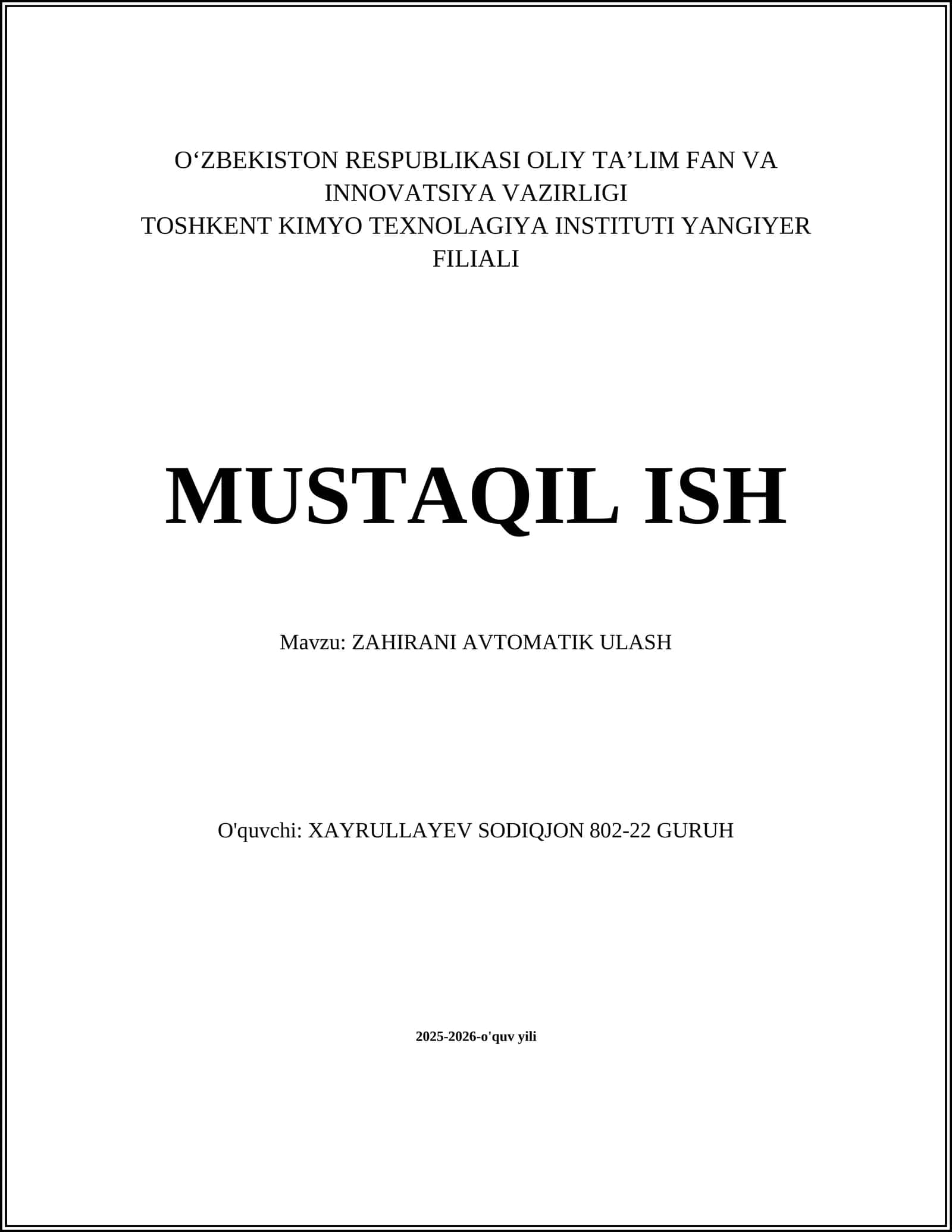 ZAHIRANI AVTOMATIK ULASH 1