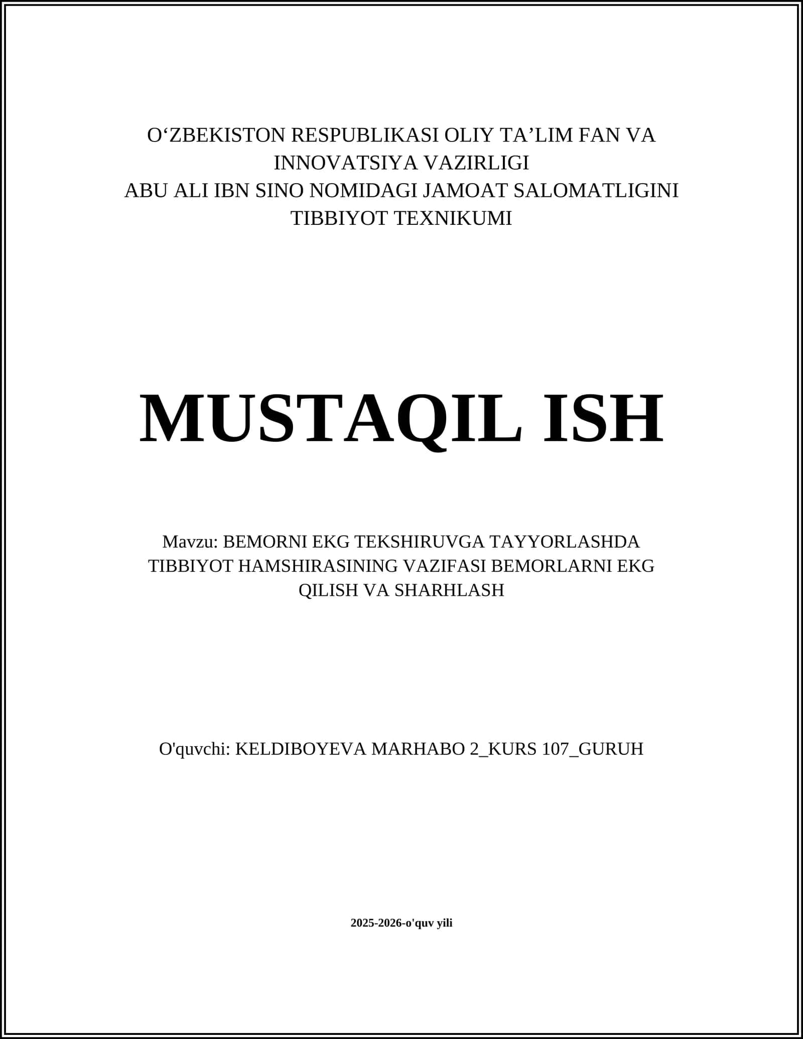 Bemorni EKG tekshiruvga tayyorlashda tibbiyot hamshirasining vazifasi 1