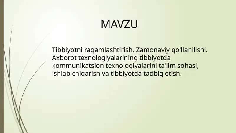Tibbiyotni raqamlashtirish. Zamonaviy qo'llanilishi. Axborot texnologiyalarining tibbiyotda kommunikatsion texnologiyalarini ta'lim sohasi, ishlab chiqarish va tibbiyotda tadbiq etish 1