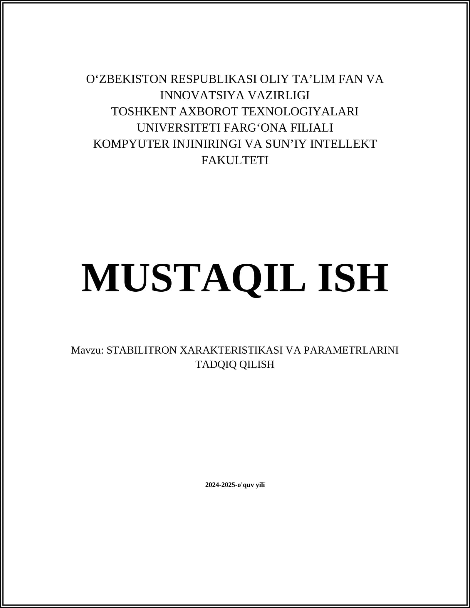 STABILITRON XARAKTERISTIKASI VA PARAMETRLARINI TADQIQ QILISH 1