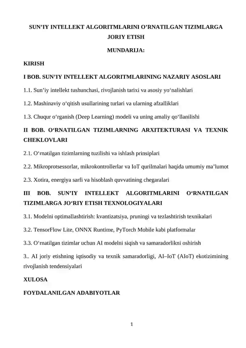 SUN’IY INTELLEKT ALGORITMLARINI O’RNATILGAN TIZIMLARGA JORIY ETISH