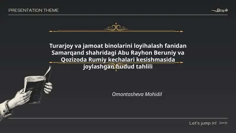 Turarjoy va jamoat binolarini loyihalash fanidan Samarqand shahridagi Abu Rayhon Beruniy va Qozizoda Rumiy kechalari kesishmasida joylashgan hudud tahlili 1