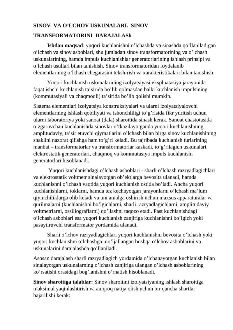 SINOV VA O’LCHOV USКUNALARI. SINOV TRANSFORMATORINI DARAJALASh 1