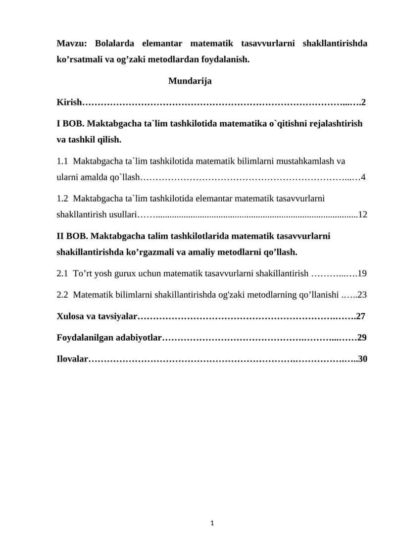 Bolalarda elemantar matematik tasavvurlarni shakllantirishda ko’rsatmali va og’zaki metodlardan foydalanish 1