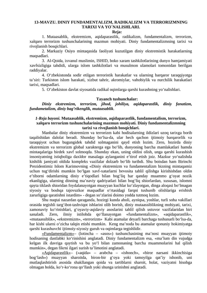 MAVZU. DINIY FUNDAMENTALIZM, RADIKALIZM VA TERRORIZMNING TARIXI VA YO`NALISHLARI 1
