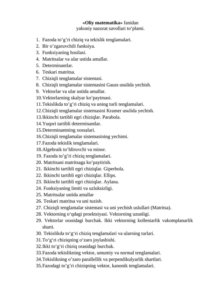 «Oliy matematika» fanidan  yakuniy nazorat savollari to‘plami. 1